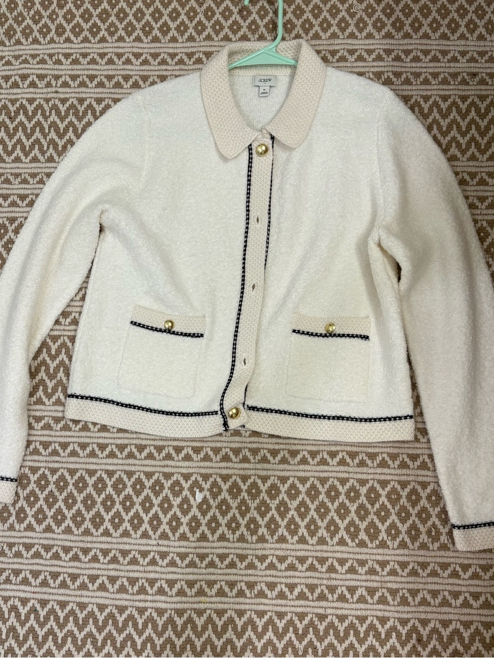 J.Crew Ivory Bouclé Button Front Jacket with Black Trim NWOT